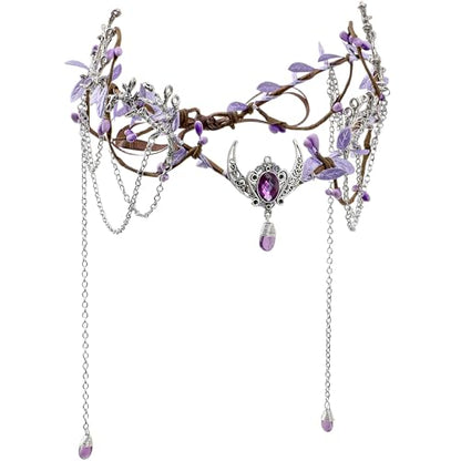 MOSTORY Woodland Elf Crown for Women - Medieval Elf Headpiece with Tassel for Renaissance Renfaire Fae Cosplay Viking Outfit - color: Purple-silver