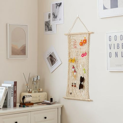 Hanging Jewelry Mesh Organizer with 20 Pieces S Shape Hooks | Macrame,Wall Mounted,Necklaces Storage,Earring Display Rack,Girls Hair Clips Hanger,for Bracelets and Rings, Yellow Cotton - color: Yellow cotton