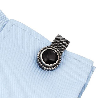 HAWSON Mens Cufflinks with Chain - Stone and Shiny Gold Tone Shirt Accessories - Party Gifts for Young Men - color: Antique Silver Color+Black Cats Eye