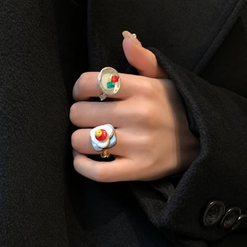 Cute Fried Egg Beaded Ring for Women, Handmade Y2K Adjustable Stretch Ring, Colorful Acrylic Statement Jewelry for Daily Wear