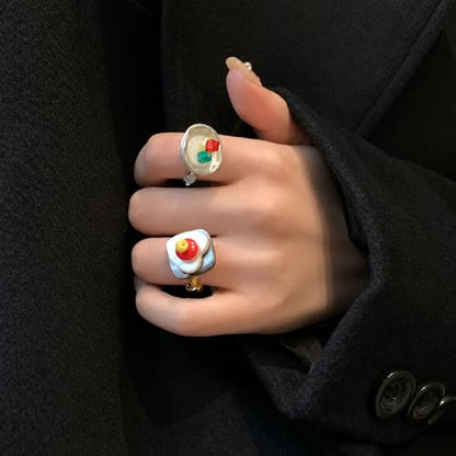 Cute Fried Egg Beaded Ring for Women, Handmade Y2K Adjustable Stretch Ring, Colorful Acrylic Statement Jewelry for Daily Wear