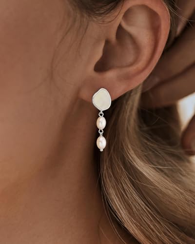 Pearl Earrings - 14K Gold/White Gold/Rose Gold Plated Cubic Zirconia CZ Diaomond Accented Pearl Drop Dangle Earrings for Women Wedding Bridal Prom - color: Silver Mother of Pearl