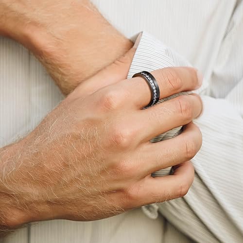 King Will Mens Tungsten Wedding Band with Cubic Zircon Inlay 7mm/8mm Flat Cut Comfort Fit Engagement Rings - color: Black&White-6mm