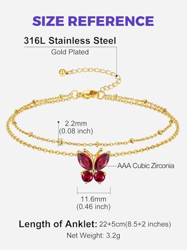 Richsteel Double Layer Heart/Butterfly Birthstone Anklet for Women | Non Tarnish Waterproof, Silver/Gold/Black Stainless Steel 8.5-10.5 Inch Adjustable Chain Anklets Summer Beach Foot Jewelry - color: Gold Butterfly-07 Jul.(Ruby)