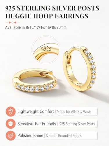 FaithHeart 925 Sterling Silver Post Small CZ Huggie Hoop Earrings for Women | Hypoallergenic Small Cubic Zirconia Hoop Earrings, Silver/Black/Gold/Rose Gold Huggie Earrings, 8-20mm with Gift Box - color: Gold, size: 18mm