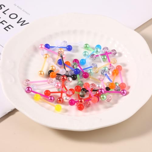 48Pcs 14G Glow in Dark Acrylic Straight Tongue piercing for Women | Candy Color Tongue Piercing Jewelry,Flexible Ring Barbell,14mm Bar Tongue Rings Piercing Ball Grabber Set - style: AA
