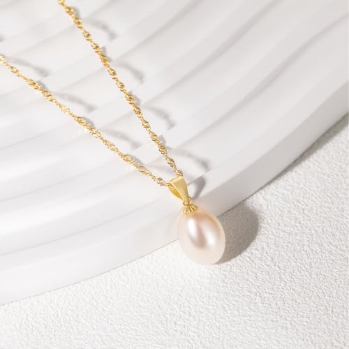 EAMTI Pearl Necklaces for Women Trendy 925 Sterling Silver Freshwater Cultured Single Pearl Necklace Dainty Pendant Necklace - color: 14K Gold Plated