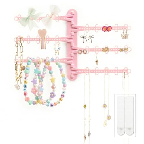 6-Tier Hanging Wall Jewelry Organizer, Earring, Necklace, Ring Holder-Pink | Large Capacity with 120 Earring Holes, Rotating Branches, Includes 3M Command Strips, Bracelet, Ring & Necklace Storage - color: 6-Tier Pastel Pink