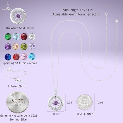 Compass Necklace for Women Wife Girlfriend Mom Daughter Gifts | S925 Silver Jewelry For Anniversary 18K Rose Gold Gifts For Birthday Christmas Mothers Valentines Day 12 Birthstones - style: 02-February-Silver