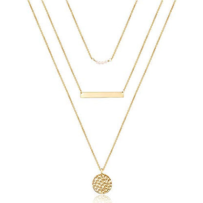 Turandoss Dainty Layered Choker Necklace, Handmade Y Pendant Necklace Multilayer Bar Disc Necklace Adjustable Layering Choker Necklaces for Women - style: "3PCS - simulated Pearls&Bar&Hammered Disc