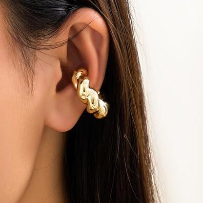 Gold Ear Cuff Earrings for Women Non Piercing 14K Gold Plated/Silver Cuff Clip On Cartilage Hoop Shining Cubic Zirconia Twisted Chain Ear Clip On Earring for Women Chunky Ear Cuffs Earrings - color: C-gold