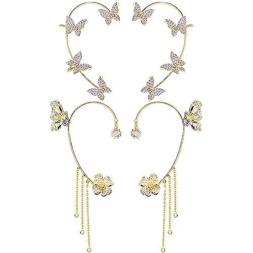 2 Pairs Dainty Silver Butterfly Ear Cuffs & Wraps for Women Non Piercing Bling Butterfly Tassel Style Zircon Earrings Ear Clips Bridal Wedding Jewelry - color: Gold