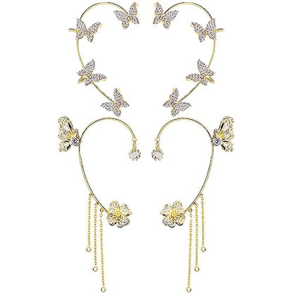 2 Pairs Dainty Silver Butterfly Ear Cuffs & Wraps for Women Non Piercing Bling Butterfly Tassel Style Zircon Earrings Ear Clips Bridal Wedding Jewelry - color: Gold