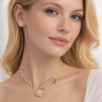 Wedding Jewelry Sets for Brides Bridesmaid Pearl Jewelry Set Fancy Gold Flower Necklace and Earrings Simple Pearl Necklace for Women Bridal Earrings Wedding Accessories Essentials Gifts - color: A3:pink flower set