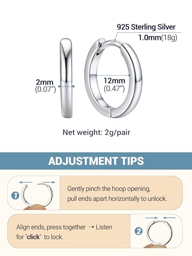 PROSTEEL Huggie Hoop Earrings For Women with 925 Sterling Silver Post | 8/10/12/14/16/18/20mm,14K Gold Plated/Black/Rose Gold/Silver Brass Lightweight Cubic Zirconia Cartilage Piercing Earring - color: 1. Silver, size: 12mm