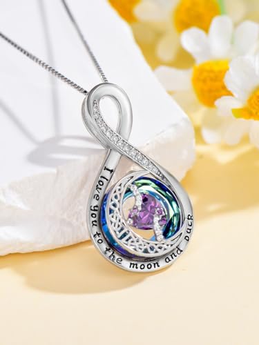 TOUPOP Birthstone Necklace for Women 925 Sterling Silver Moon and Star Pendant Necklaces I Love You to the Moon and Back Jewelry Anniversary Birthday Gifts for Her Wife Girlfriend Mom - color: 02-Feb-Amethyst