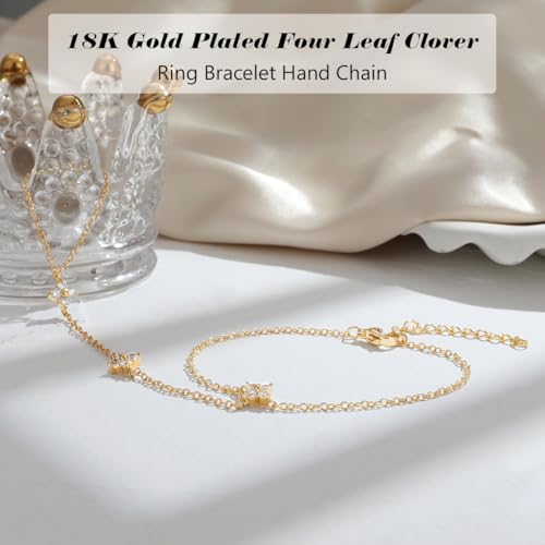 Emibele Gold Bracelets for Women, 18K Gold Plated Hand Chain, Cubic Zirconia Stainless Steel Non Tarnish Hand Chain Bracelet with Finger Ring, Adjustable Trendy Jewelry Valentines Day Gifts for Women - style: Four Leaf Flower