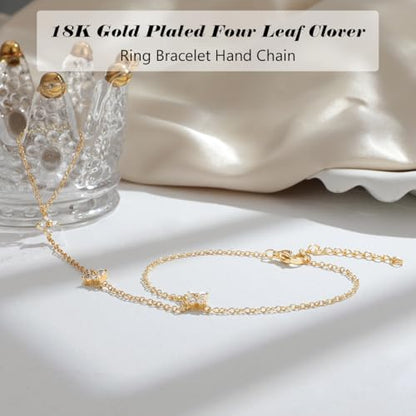 Emibele Gold Bracelets for Women, 18K Gold Plated Hand Chain, Cubic Zirconia Stainless Steel Non Tarnish Hand Chain Bracelet with Finger Ring, Adjustable Trendy Jewelry Valentines Day Gifts for Women - style: Four Leaf Flower
