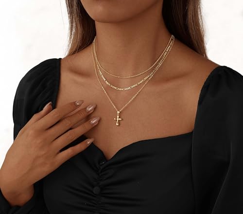 Layered Gold Cross Necklaces for Women, Stack Stackable 14K Gold/Silver Plated Cubic Zirconia Pendant Necklace Set Dainty Choker Layering Necklaces for Women Faith Jewelry Religious Gift - style: Gold-3
