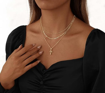 Layered Gold Cross Necklaces for Women, Stack Stackable 14K Gold/Silver Plated Cubic Zirconia Pendant Necklace Set Dainty Choker Layering Necklaces for Women Faith Jewelry Religious Gift - style: Gold-3