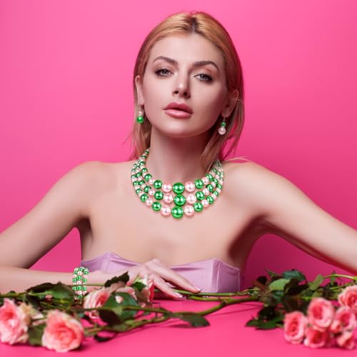 Haysandy Pearl Jewelry Set for Women 20s Jewelry Gift | Retro Layered Necklace Bracelet Earring, Costume Accessories for Derby Wedding Prom Party, Dress Matching Occasions - color: Pink and Green