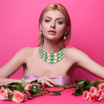 Haysandy Pearl Jewelry Set for Women 20s Jewelry Gift | Retro Layered Necklace Bracelet Earring, Costume Accessories for Derby Wedding Prom Party, Dress Matching Occasions - color: Pink and Green