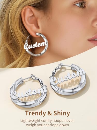 FindChic Twisted Hoop Earrings for Women, Silver/Black/14K Gold Plated Hypoallergenic Hollow Tube Rounded Loop Earrings, 30mm/40mm/60mm/80mm Hoops with Custom Name Options and Gift Box - color: e.Silver (Custom Name), size: 40MM