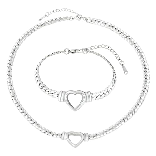 Chunky Flat Curb Chain Necklace and Bracelet Set, Gold/Silvery Stainless Steel Hollow Heart Pendant Jewelry for Women, Valentines Wedding Gift - color: Silvery