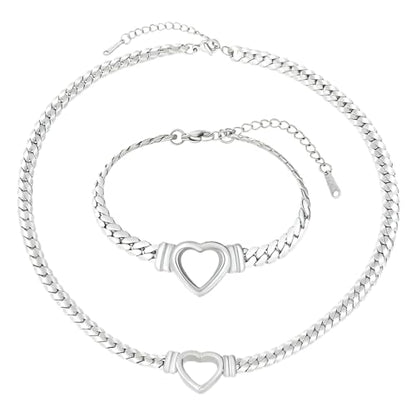 Chunky Flat Curb Chain Necklace and Bracelet Set, Gold/Silvery Stainless Steel Hollow Heart Pendant Jewelry for Women, Valentines Wedding Gift - color: Silvery