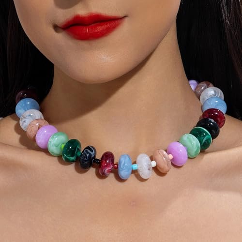 Beaded Necklace for Women Statement Chunky Necklace Boho Bead Choker Acrylic Big Bead Necklaces Summer Beach Jewelry for Women - color: Colorful