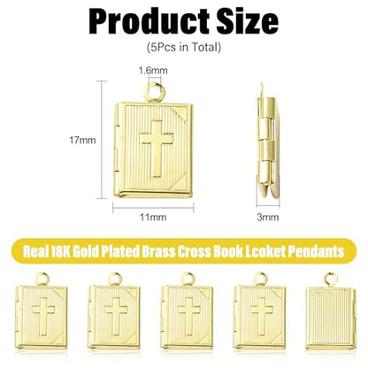 KitBeads 5Pcs Bible Book Charms Brass Gold Plated Religious Photo Frame Locket Pendants for DIY Memorial Necklaces Keychains Jewelry Making Crafts