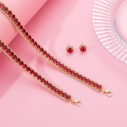 Women Rhinestone Crystal Jewelry Set Crystal Tennis Design Rhinestone Choker Necklace Link Bracelet Teardrop Earrings Set Wedding Bridal Bridesmaids Party - color: Gold Plated Red Crystal(2)