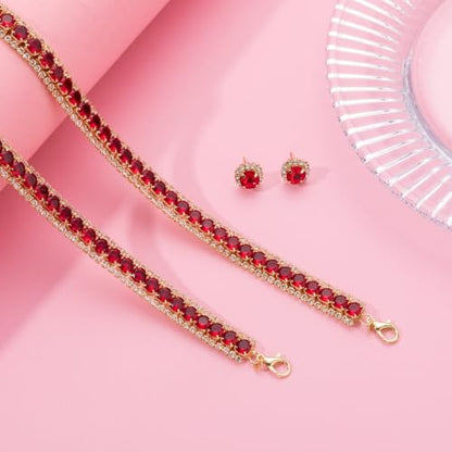 Women Rhinestone Crystal Jewelry Set Crystal Tennis Design Rhinestone Choker Necklace Link Bracelet Teardrop Earrings Set Wedding Bridal Bridesmaids Party - color: Gold Plated Red Crystal(2)