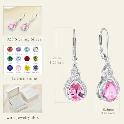 925 Sterling Silver Infinity Teardrop Earrings for Women | Lwsary Dangle Drop Leverback Earrings, Pear Shaped Birthstone Jewelry for Her - color: Pink