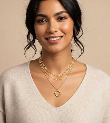 YEEZII Layered Gold Necklaces for Women Trendy, 3 Pcs 14K Gold Plated Choker Paperclip Box Chain Necklace, Stackable Women's Gold Pendant Necklaces Jewelry Set - color: Gold-3 pcs Circle