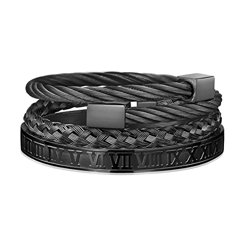 WFYOU 3PCS Stainless Steel Imperial Crown Bracelets for Men Gold Roman Numeral Bangle Bracelet Adjustable Cuff Bracelet Mens Luxury Jewelry Gifts - style: 09:Black- Square
