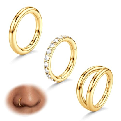 BodyBonita 3pcs Nose Rings Hoops - Double Hoop Nose Ring 14/16/18/20G Hinged CZ Piercing Jewelry Septum Clicker Rings Cartilage Earring Helix Rook Tragus Daith 7mm/8mm/9mm/10mm - color: 14K Gold Plated, size: 14 gauge(1.6mm)-8mm