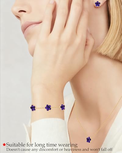 Clover Jewelry Set 3 PC - 18K Gold Plated Stainless Steel Y Necklace Four Leaf Pendant, Clover Link Bracelet Charm, Flower Earrings, Hypoallergenic Non-Tarnish,Simple Luxury Lucky Gifts for Women - color: Purple