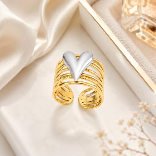 Two Tone Heart Open Ring 18K Gold Plated Stainless Steel Wide Band Adjustable Statement Ring for Women Fashion Jewelry