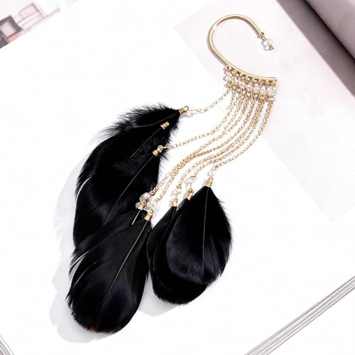 Feather Earrings for Women Ear Cuffs Long Tassel Boho Clip Earrings Red White Non Piercing Earring Statement Jewelry Birthday Prom Jewelry Gifts - color: A2:black tassel feather ear clips
