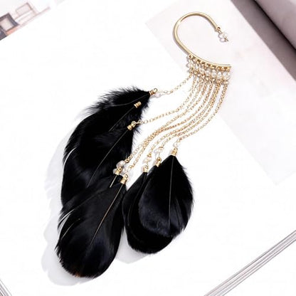 Feather Earrings for Women Ear Cuffs Long Tassel Boho Clip Earrings Red White Non Piercing Earring Statement Jewelry Birthday Prom Jewelry Gifts - color: A2:black tassel feather ear clips