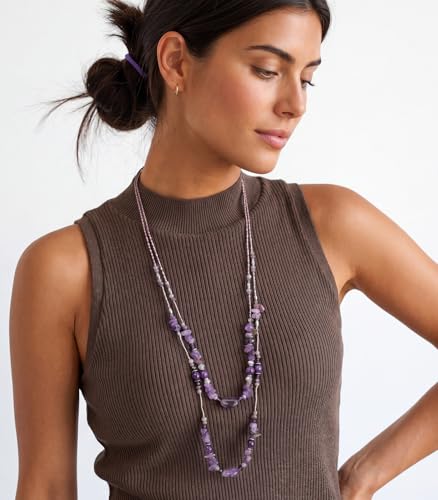 Noessla Boho Long Beaded Necklaces for Women Double Layer Chunky Irregular Stone Beads Strand Statement Jewelry Mothers Day Gifts - color: Amethyst