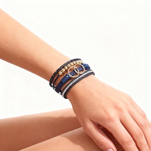 Leather Wrap Bracelets for Women, Boho Leopard Multi-Layer Crystal Beads Cuff Jewelry - color: J-Warp-013