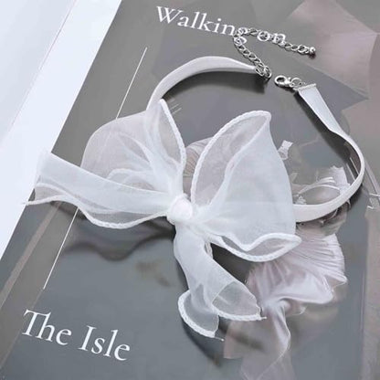 Boho Bow Lace Choker Necklaces Bow Ribbon Necklace Lace Bowknot Necklaces White Velvet Collar Necklace Big Bowtie Choker Cosplay Costume Christmas Halloween Jewelry for Women - color: White