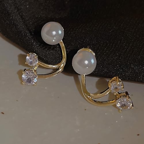 Boho Pearl Ear Jacket Earrings Gold Pearl Stud Earrings Crystal Front Back Earrings Sparkly Cz Wrap Earrings Jewelry for Women - color: Gold