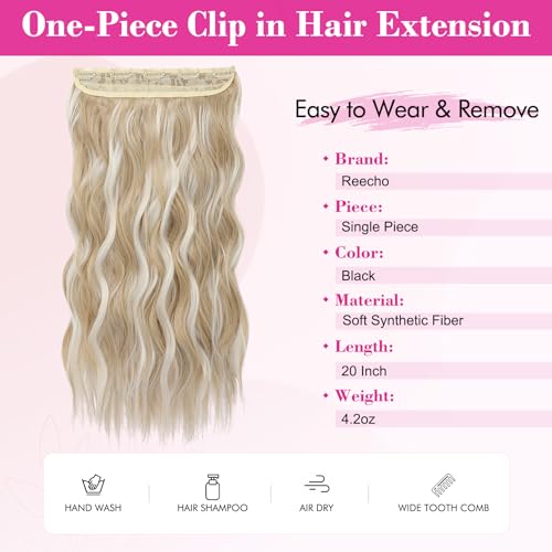 REECHO Blonde Hair Extensions, 20” One Piece Clip in Hair Extensions Thick Long Beach Wavy Natural Soft Synthetic Hairpieces for Women, Ash Blonde with Highlights - color: Ash Blonde with Highlights - Wavy, size: 20 Inch (Pack of 1)