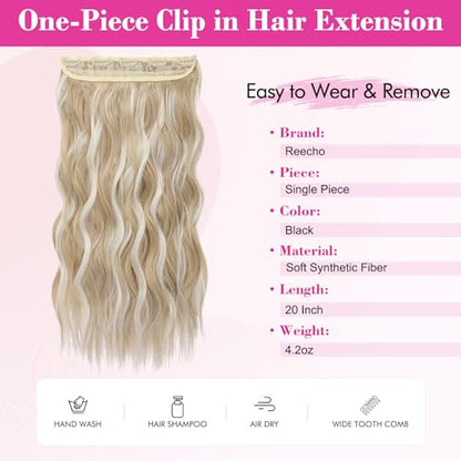 REECHO Blonde Hair Extensions, 20” One Piece Clip in Hair Extensions Thick Long Beach Wavy Natural Soft Synthetic Hairpieces for Women, Ash Blonde with Highlights - color: Ash Blonde with Highlights - Wavy, size: 20 Inch (Pack of 1)