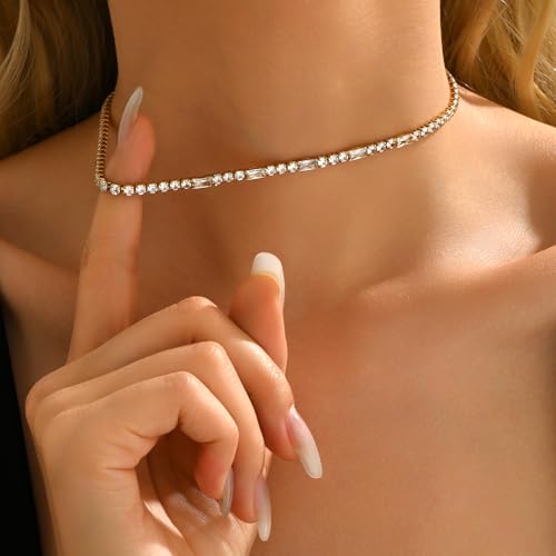 Tennis Necklaces for Women 18K Gold Plated White Red Green Blue Cubic Zirconia Necklaces Dainty Rhinestone Choker Necklaces Trendy Faux Diamond Tennis Chain 3mm - color: White Tennis Choker-Gold