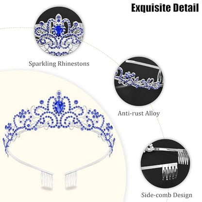 TAROSE Tiaras for Women, Birthday Crown and Sash for Girls | Birthday Sash Sunglasses Outfit, Birthday Gift for Women Girls, Goddess Crown Bride/Halloween/Prom/Party/Costume - color: 1 F. Silver+royal Blue