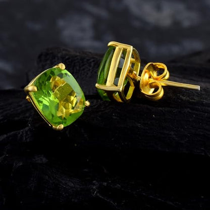 Women's 18K Gold Plated 8x10mm Princess Cut Gemstone Stud Earrings – Birthstone Jewelry for Her – Classic Cushion Studs - color: Peridot